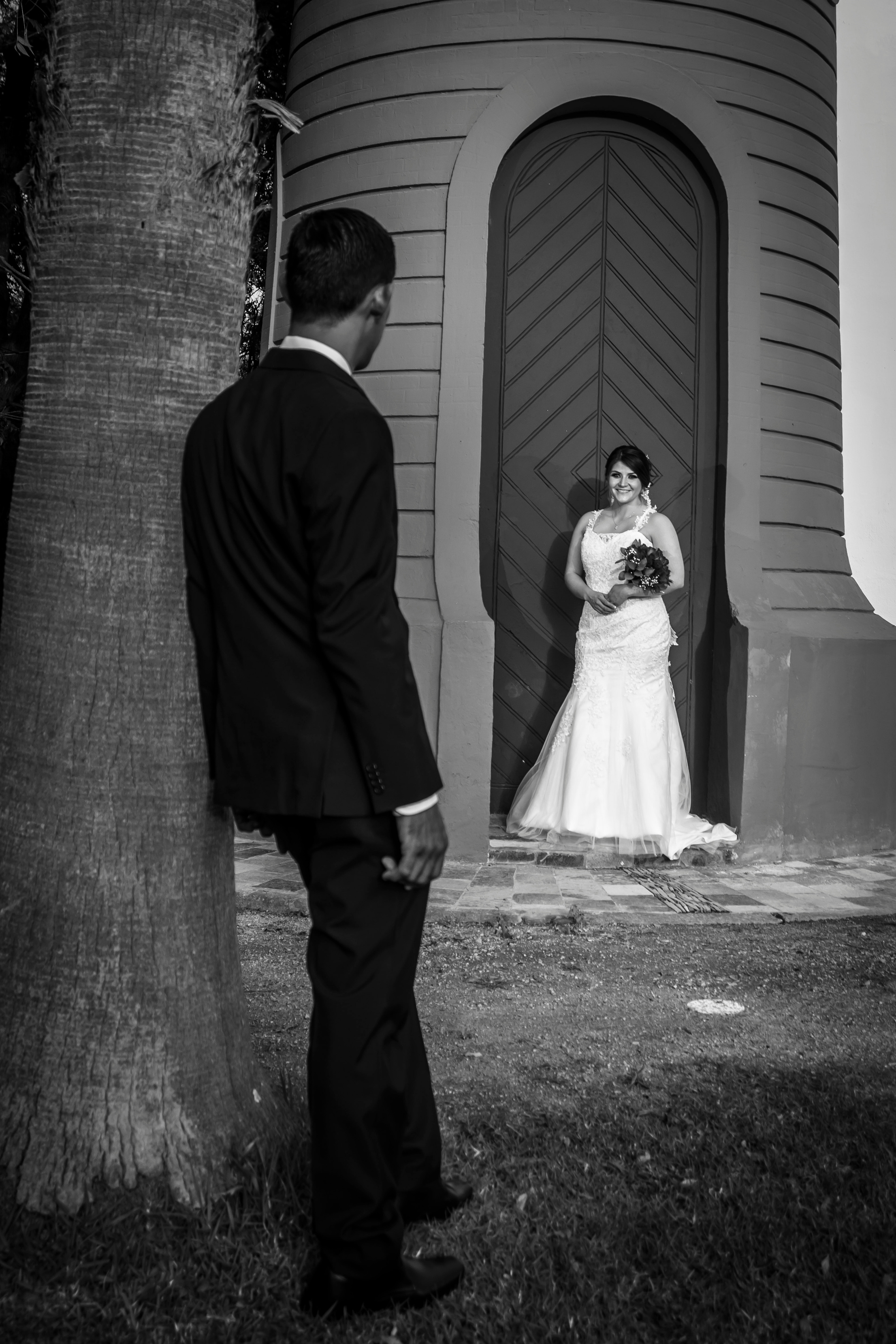 Monochrome Photo of Bride and Groom 