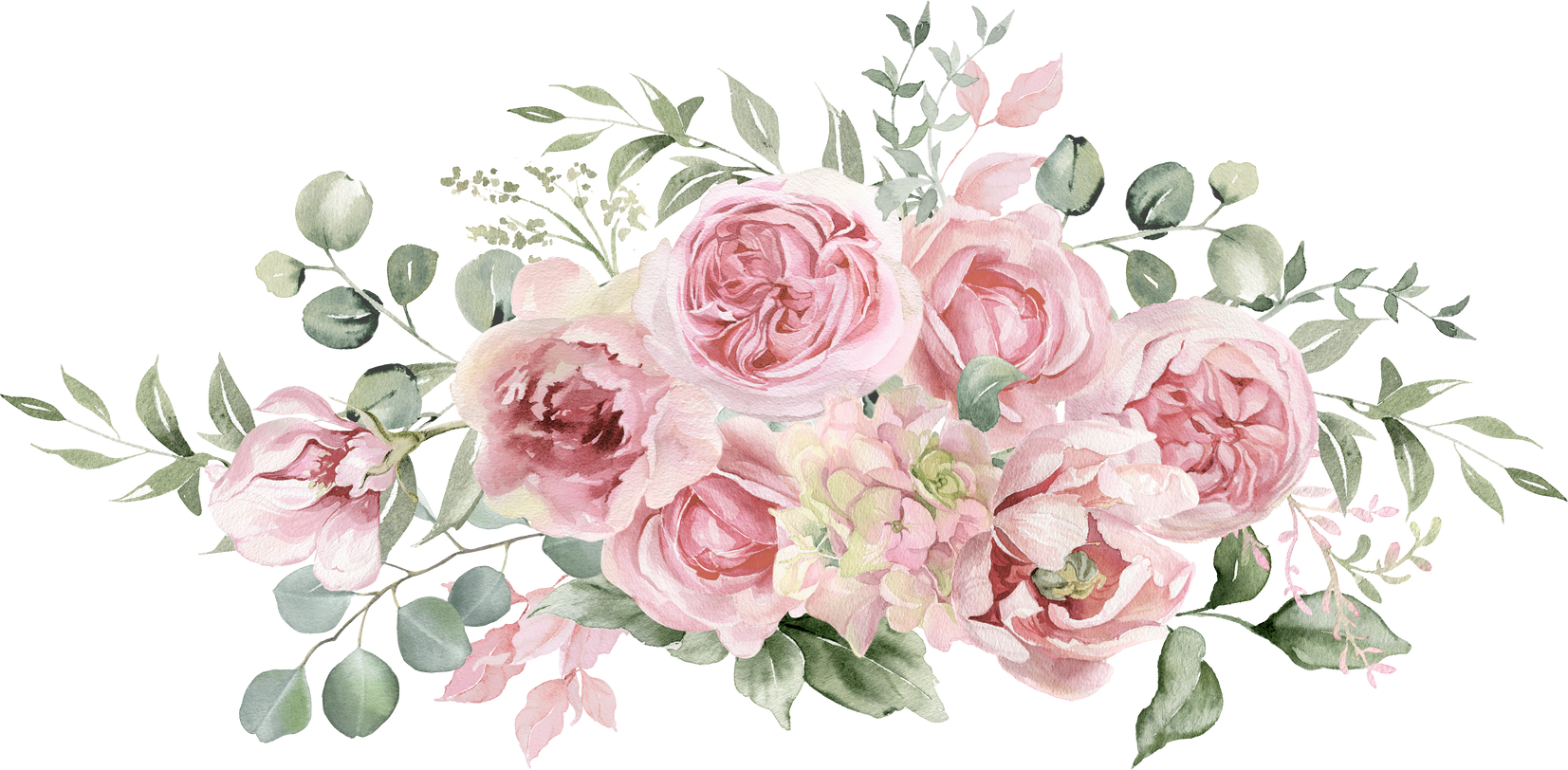 Pink rose flowers and eucalyptus greenery bouquet